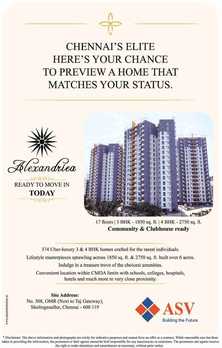 Book ready to move 3 & 4 BHK homes at ASV Alexandria in Chennai